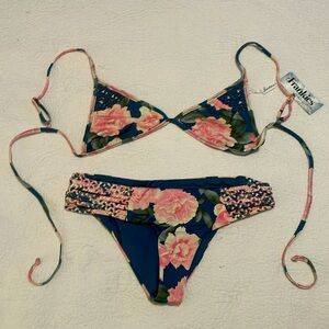 NWT Frankie’s Bikini Teal embroidery deal with pink roses L Top, M Bottom Set